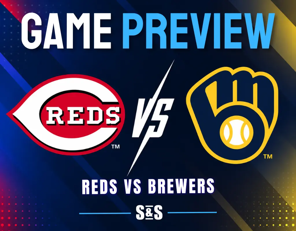 Game preview graphic featuring the Cincinnati Reds and Milwaukee Brewers logos with the text "REDS VS BREWERS."