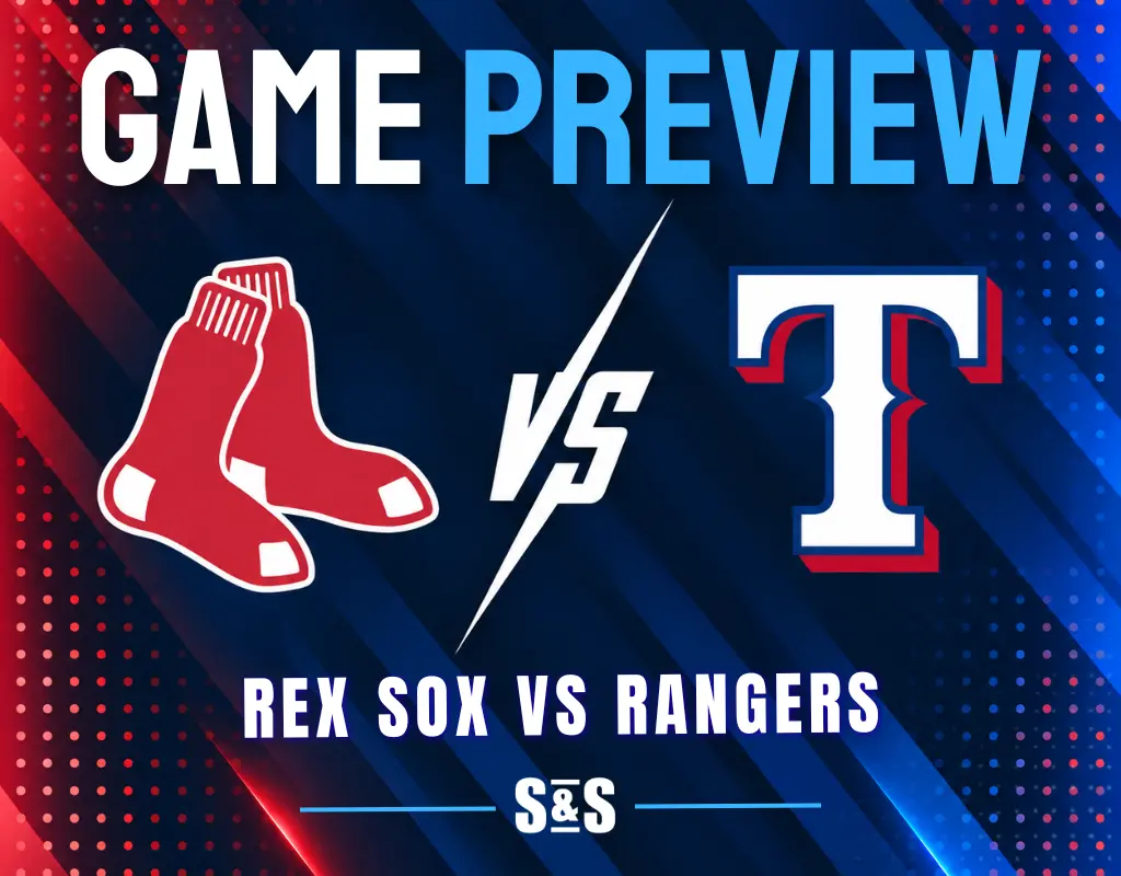 Game preview graphic featuring Boston Red Sox and Texas Rangers logos with "Rex Sox vs Rangers" text.