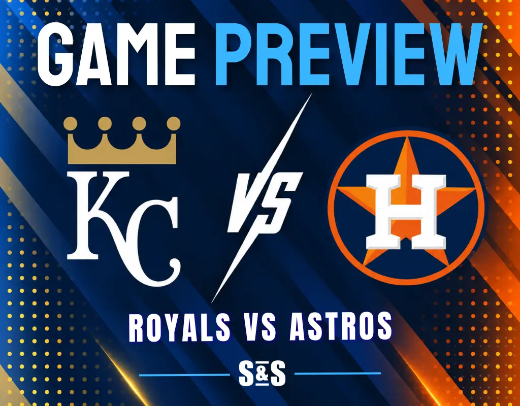 Game preview graphic showing Kansas City Royals vs Houston Astros with team logos on blue and orange background.