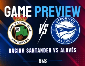 Racing Santander and Alavés club crests separated by a white VS graphic on a dark soccer matchup background.