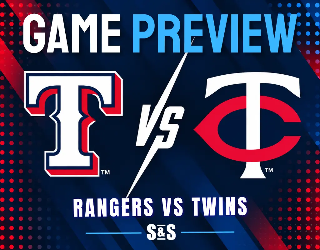 Game preview graphic featuring the Texas Rangers and Minnesota Twins logos.