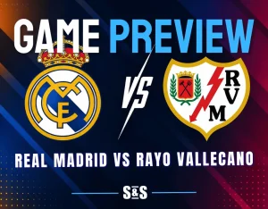 Real Madrid and Rayo Vallecano club crests separated by a white VS graphic on a dark soccer matchup background.