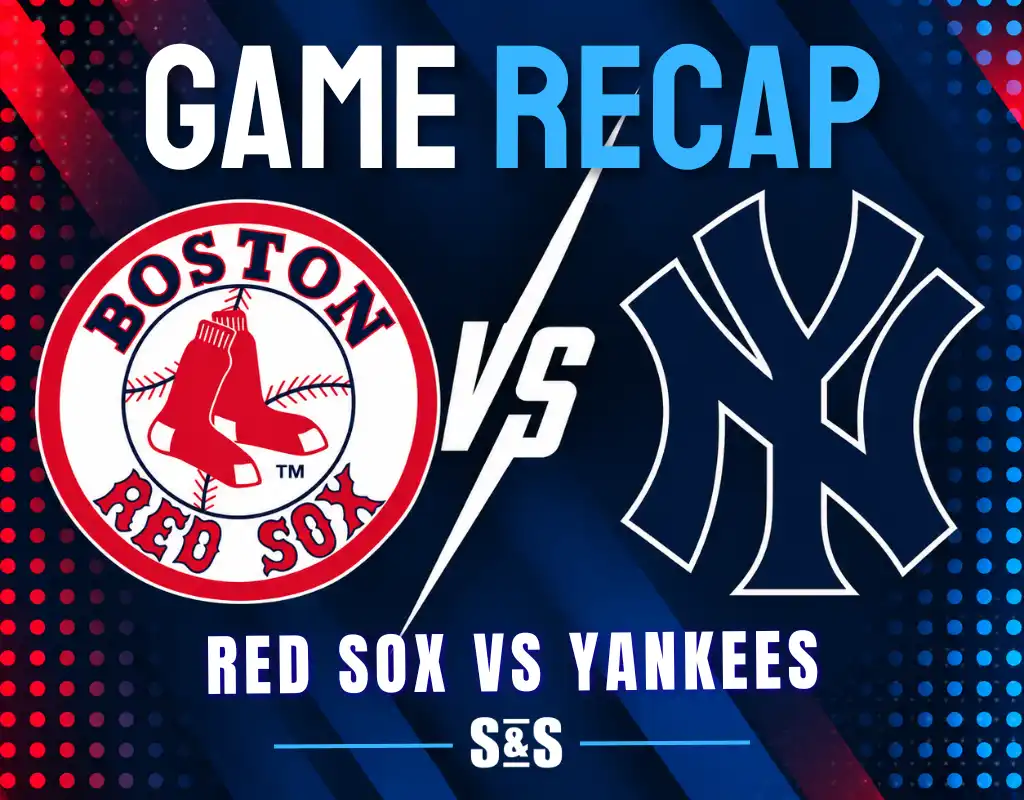 Game recap graphic featuring the Boston Red Sox and New York Yankees logos with “Red Sox vs Yankees” text.