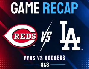 Logos of Reds and Dodgers with "Game Recap" and "Reds vs Dodgers" text on a red and blue background.