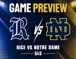 NCAAF game preview graphic featuring Rice and Notre Dame logos with navy, blue, gold, and white team-color background.