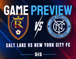 Real Salt Lake and New York City FC club crests separated by a white VS graphic on a dark MLS matchup background.