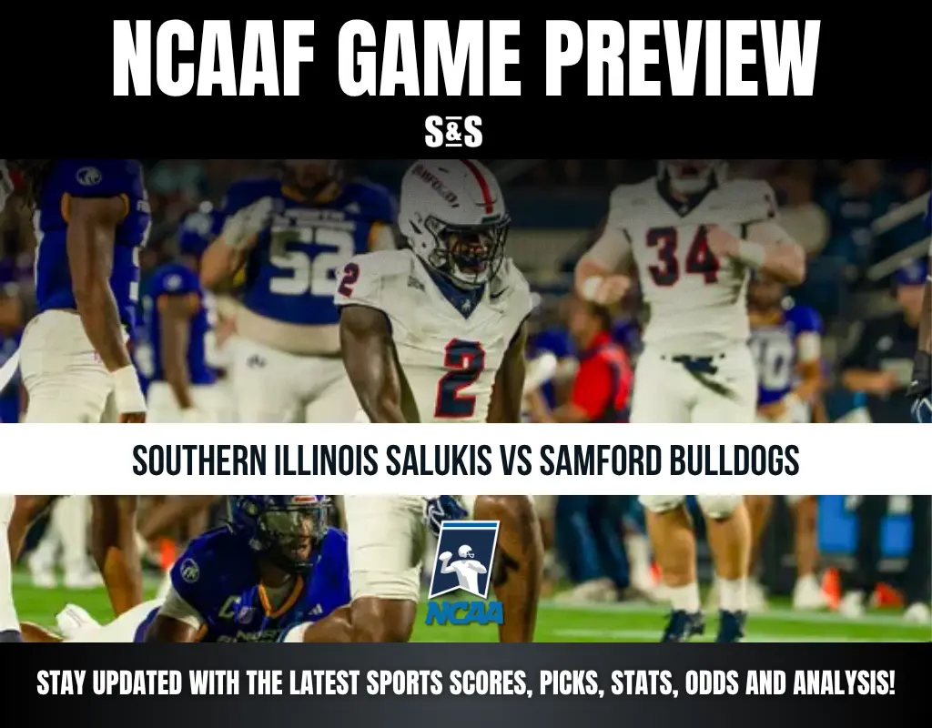 NCAAF game preview featuring Southern Illinois Salukis vs Samford Bulldogs with players in action on the field, NCAA logo included.