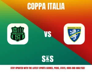 Coppa Italia match preview featuring U.S. Sassuolo vs Frosinone Calcio with team logos on a green and orange gradient background.