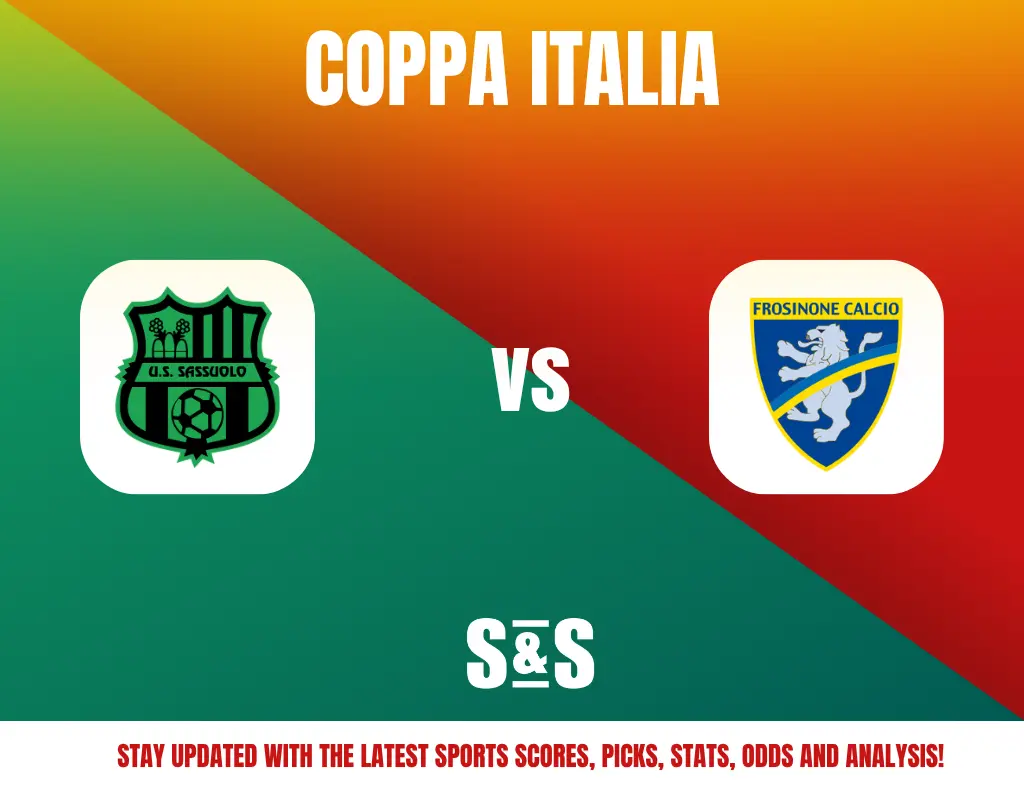 Coppa Italia match preview featuring U.S. Sassuolo vs Frosinone Calcio with team logos on a green and orange gradient background.