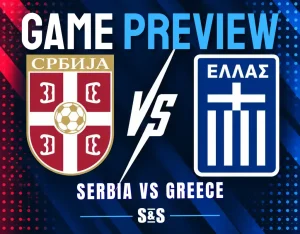 A sports game preview graphic featuring the national soccer emblems of Serbia and Greece separated by a VS logo on a blue and red patterned background.