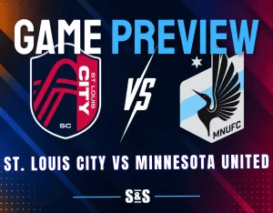 St. Louis City and Minnesota United club crests separated by a white VS graphic on a dark MLS matchup background.
