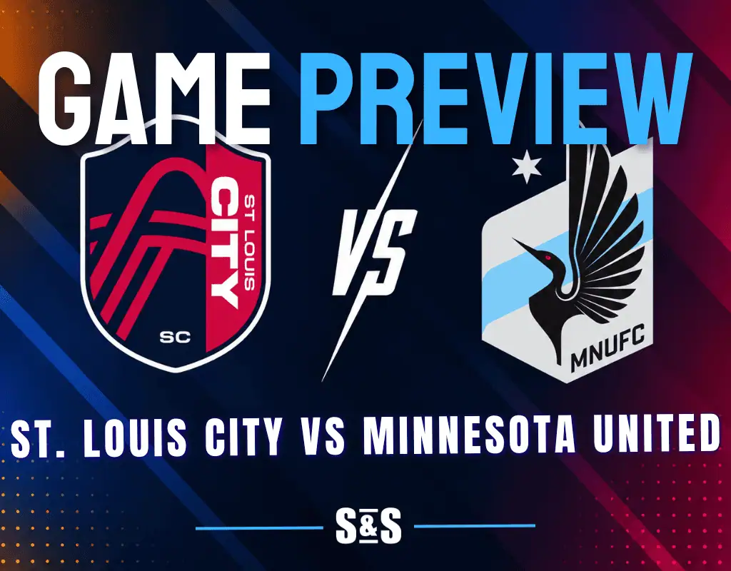 St. Louis City and Minnesota United club crests separated by a white VS graphic on a dark MLS matchup background.