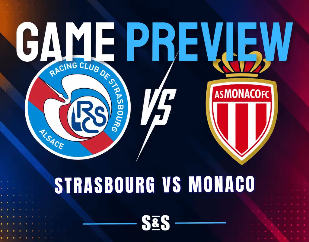 Strasbourg and Monaco club crests separated by a white VS graphic on a dark soccer matchup background.