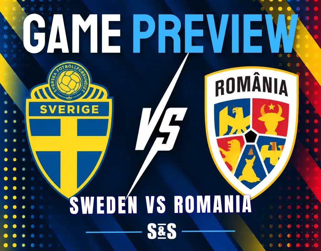 Game preview graphic for Sweden vs Romania.