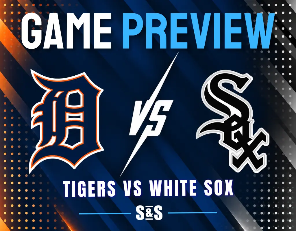 Game preview graphic featuring Detroit Tigers and Chicago White Sox logos with "Tigers vs White Sox" text.