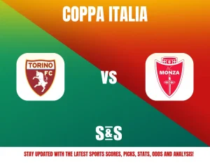 Coppa Italia match graphic featuring Torino FC vs AC Monza with logos on a green and orange gradient background.