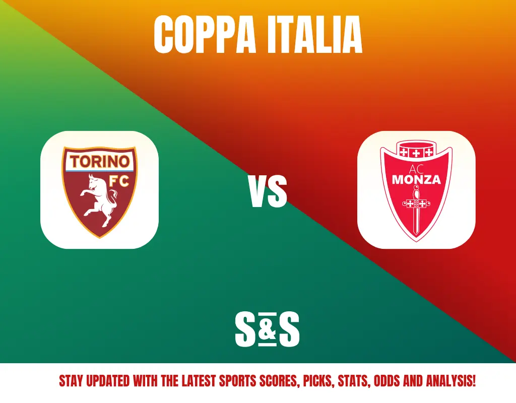 Coppa Italia match graphic featuring Torino FC vs AC Monza with logos on a green and orange gradient background.