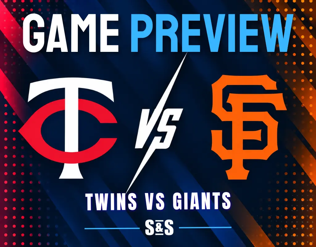 Game preview graphic showing Minnesota Twins vs San Francisco Giants with team logos on a blue and orange background.