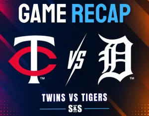Game recap graphic showing Minnesota Twins vs Detroit Tigers logos with "TWINS VS TIGERS" text on a dark gradient background.
