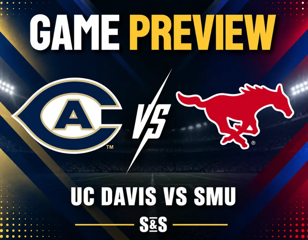 NCAAF game preview graphic featuring UC Davis and SMU logos with navy, gold, red, and white team-color background.