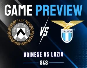 Game preview graphic featuring Udinese Calcio and S.S. Lazio logos for an upcoming match.