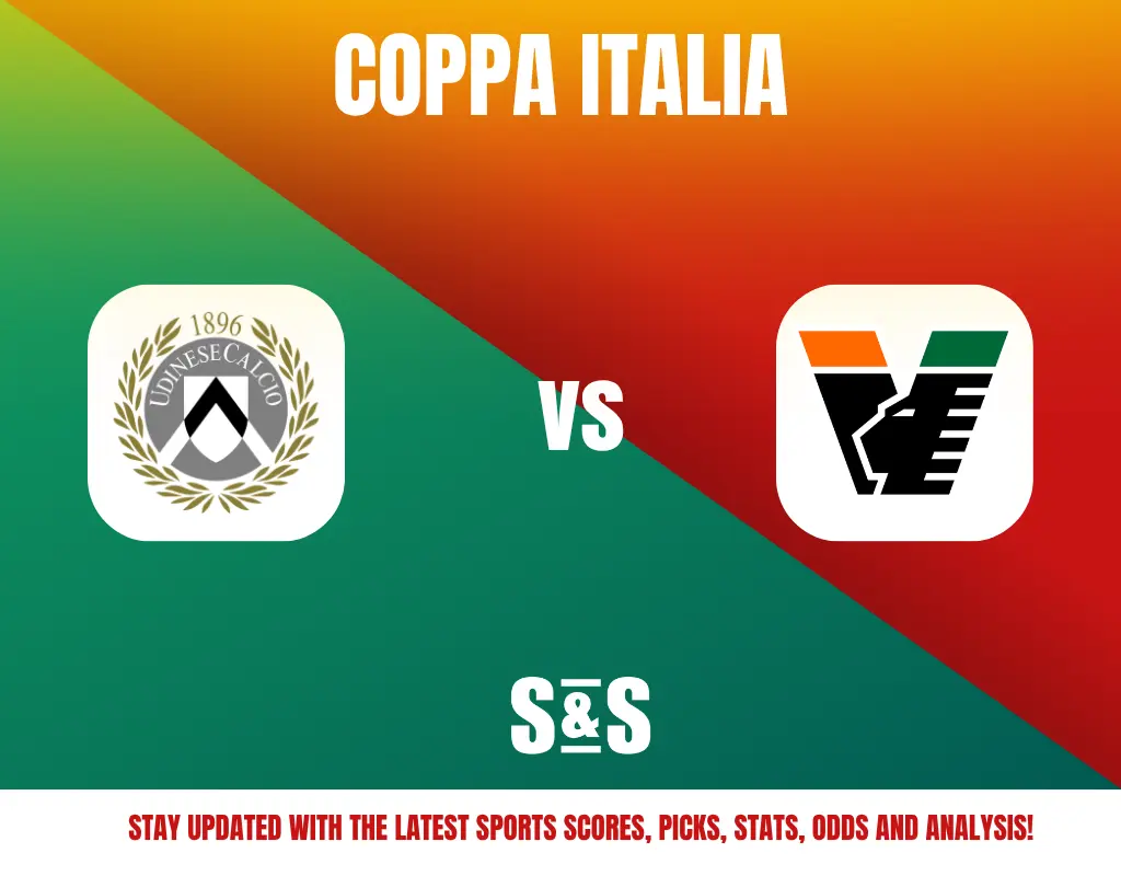 Coppa Italia match preview showing Udinese Calcio vs Venezia FC logos on a green and orange gradient background with sports updates text.