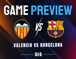 Valencia vs Barcelona: Valencia CF and FC Barcelona logos separated by a white VS on a dark navy background with orange, red, and blue accents.