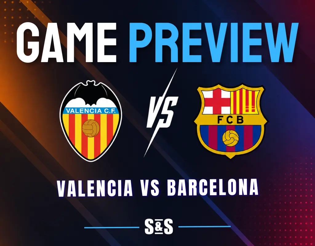 Valencia vs Barcelona: Valencia CF and FC Barcelona logos separated by a white VS on a dark navy background with orange, red, and blue accents.