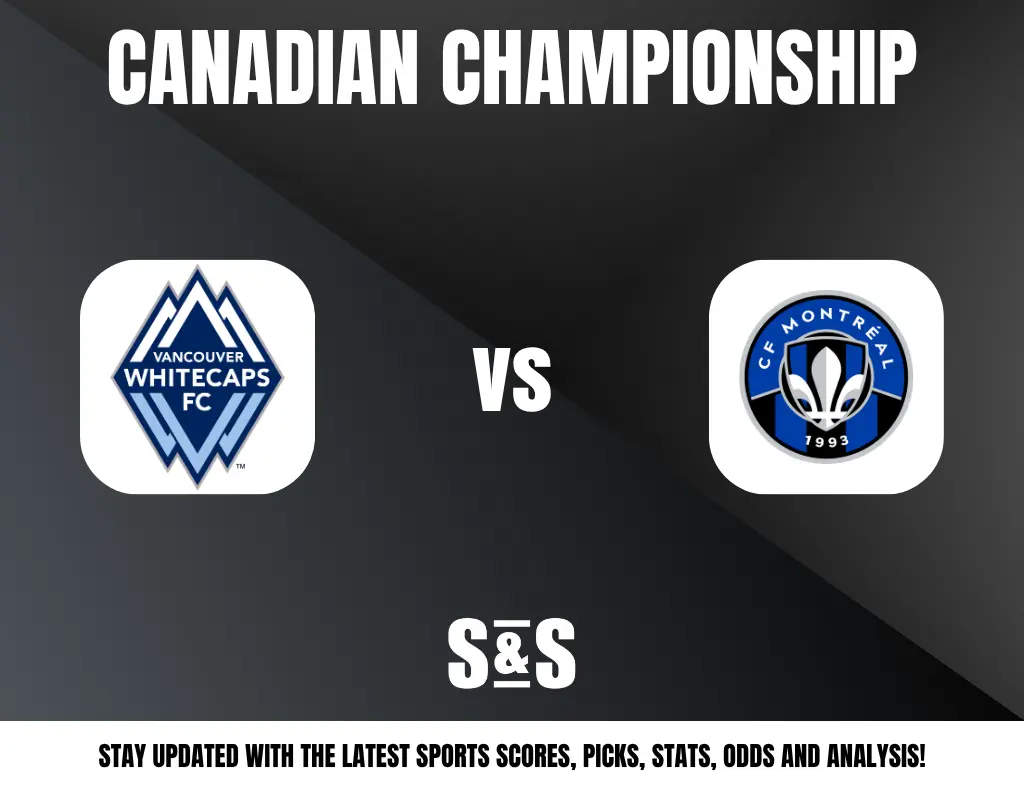 Logos of Vancouver Whitecaps FC and CF Montréal facing off in the Canadian Championship, with a prompt to stay updated on sports scores and analysis.