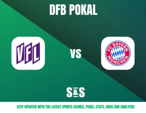 Logos of VfL and FC Bayern Munich with "DFB Pokal" and "vs" on green background, promoting sports scores and analysis.