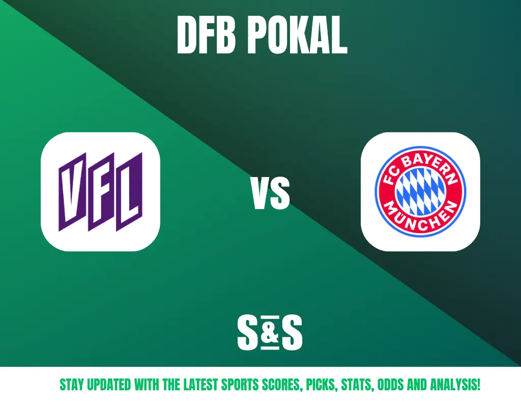 Logos of VfL and FC Bayern Munich with "DFB Pokal" and "vs" on green background, promoting sports scores and analysis.