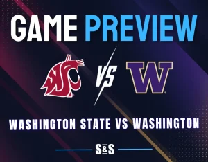 Washington State vs Washington: Washington State Cougars and Washington Huskies logos separated by a white VS on a dark background with crimson, purple, and gold accents.