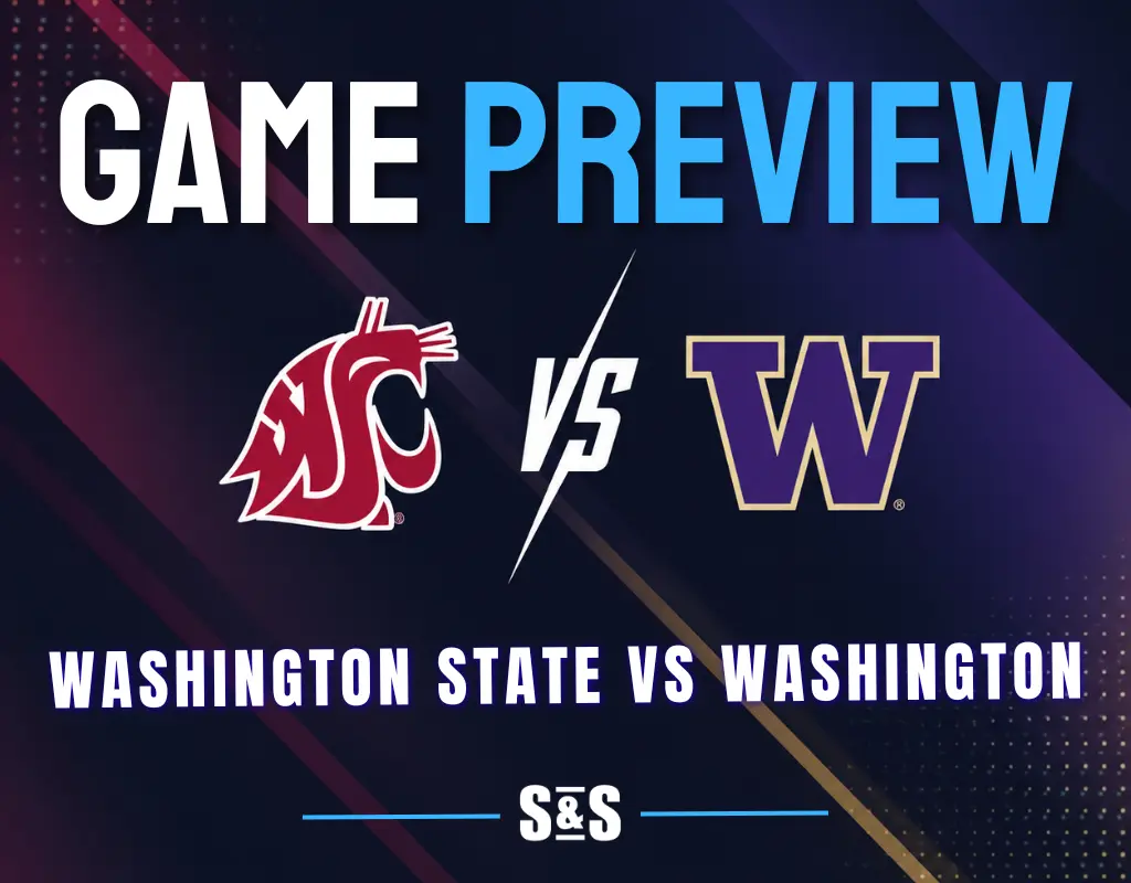 Washington State vs Washington: Washington State Cougars and Washington Huskies logos separated by a white VS on a dark background with crimson, purple, and gold accents.