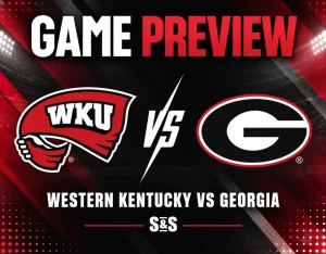 NCAAF game preview graphic featuring Western Kentucky and Georgia logos with red, black, and white team-color background.