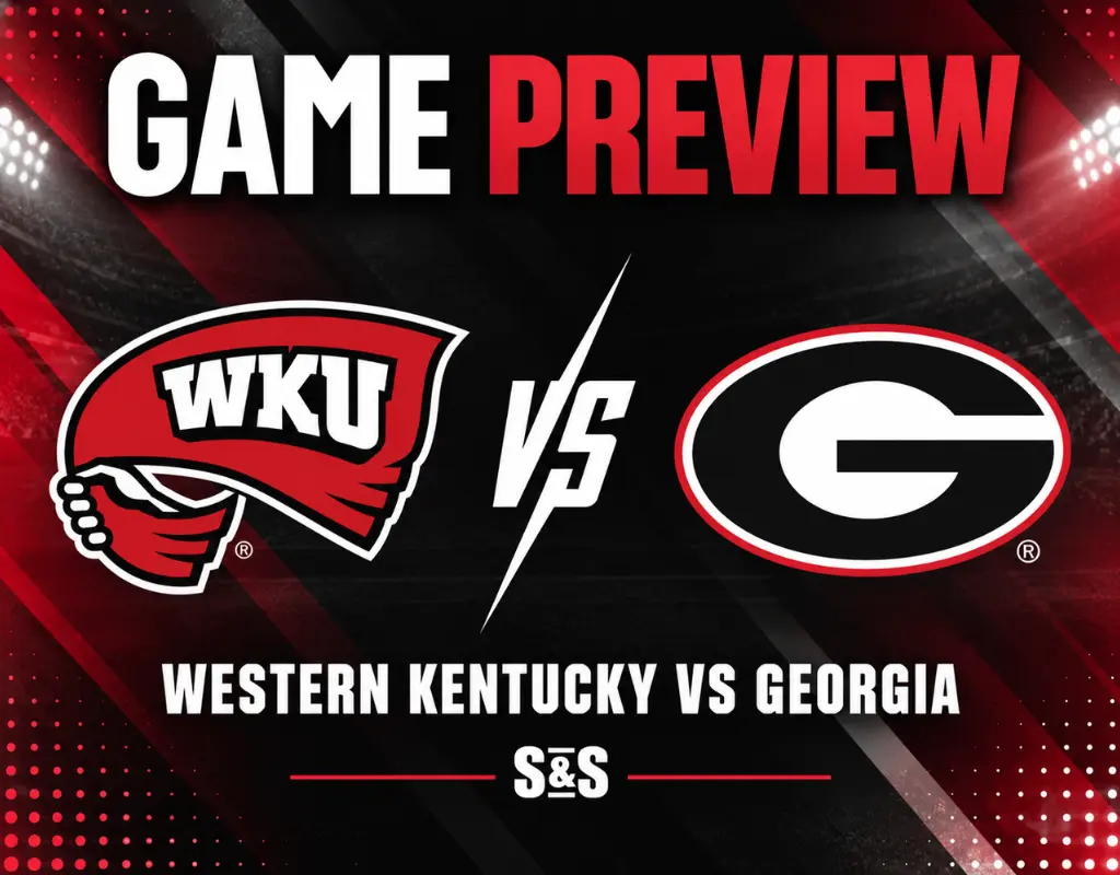 NCAAF game preview graphic featuring Western Kentucky and Georgia logos with red, black, and white team-color background.