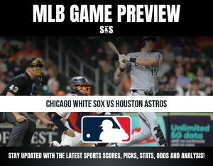 MLB game preview for Chicago White Sox vs Houston Astros featuring a batter, catcher, and umpire in action.