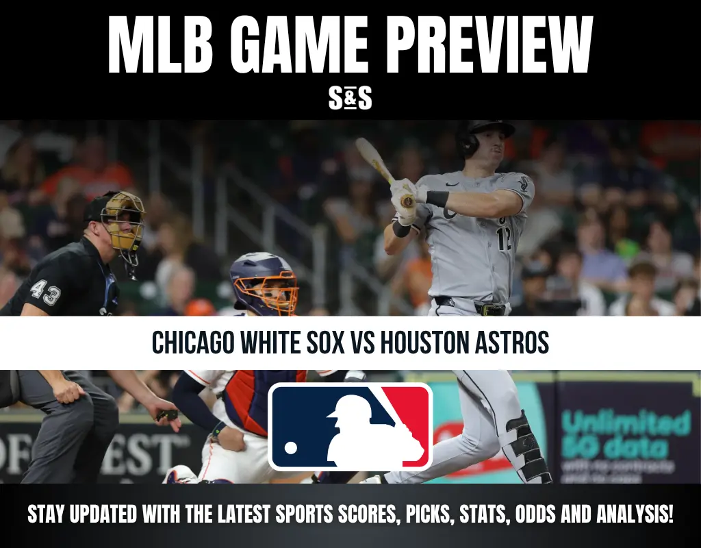 MLB game preview for Chicago White Sox vs Houston Astros featuring a batter, catcher, and umpire in action.