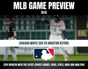 MLB game preview for Chicago White Sox vs Houston Astros featuring players on the field and MLB logo, promoting updates on scores and stats.