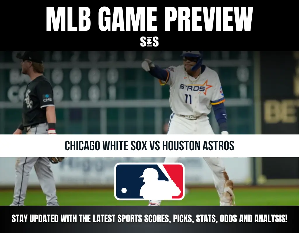 MLB game preview for Chicago White Sox vs Houston Astros featuring players on the field and MLB logo, promoting updates on scores and stats.