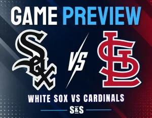Game preview graphic showing White Sox vs Cardinals with team logos and "vs" in the center on a dark blue and red background.