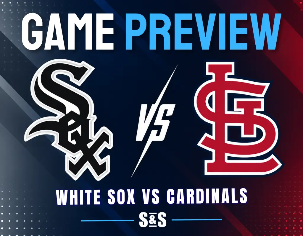 Game preview graphic showing White Sox vs Cardinals with team logos and "vs" in the center on a dark blue and red background.