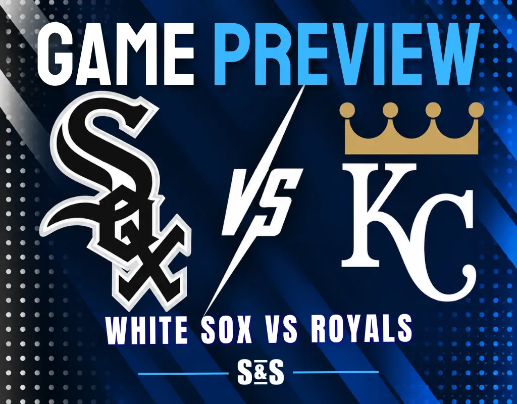A game preview graphic featuring the Chicago White Sox logo and the Kansas City Royals logo separated by a VS, set against a blue, dotted background.