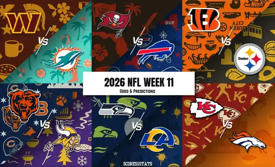 2026 NFL Week 11 odds and predictions graphic