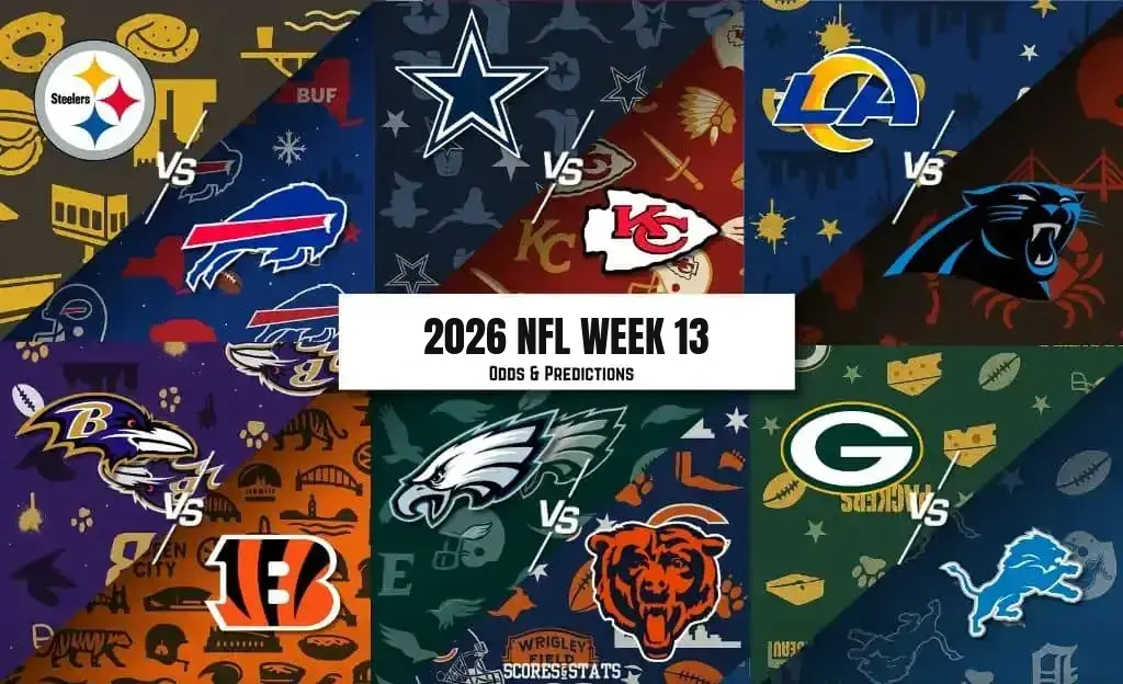 2026 NFL Week 13 odds and predictions graphic