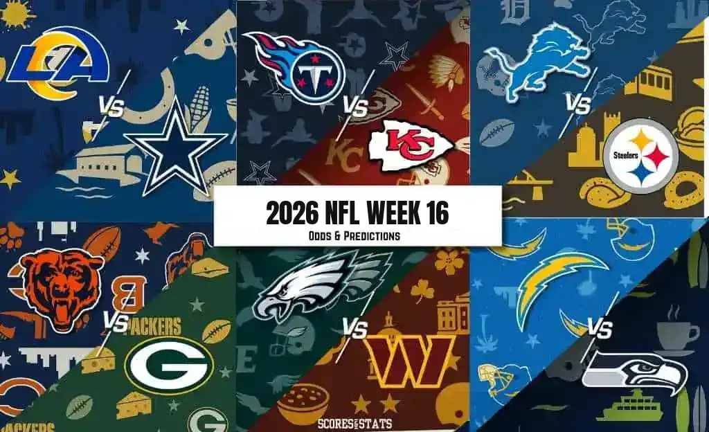 2026 NFL Week 16 odds and predictions graphic