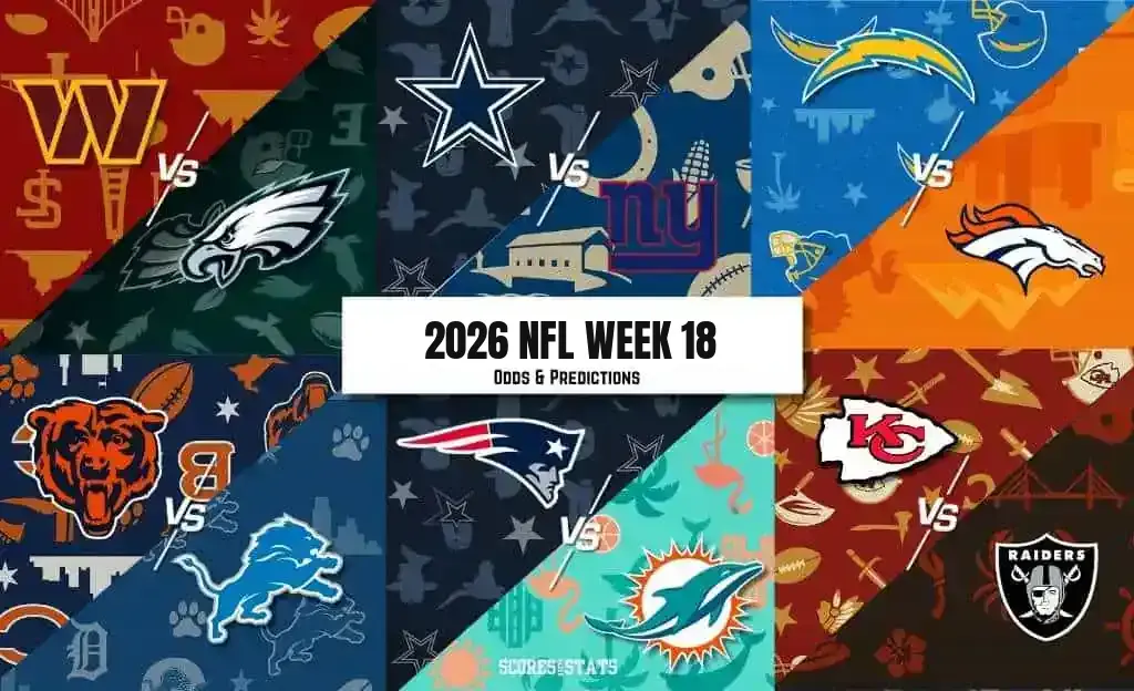 2026 NFL Week 18 odds and predictions graphic