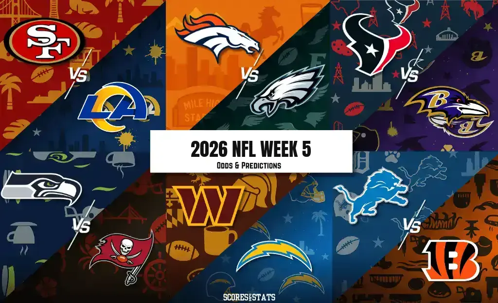 2026 NFL Week 5 odds and predictions graphic