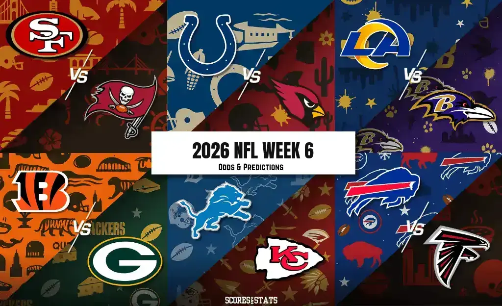 2026 NFL Week 6 odds and predictions graphic