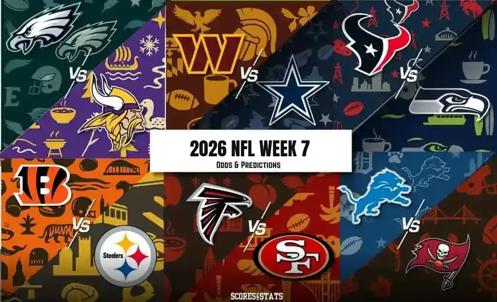 2026 NFL Week 7 odds and predictions graphic