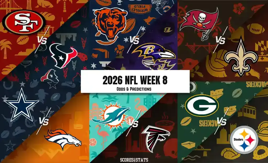2026 NFL Week 8 odds and predictions graphic